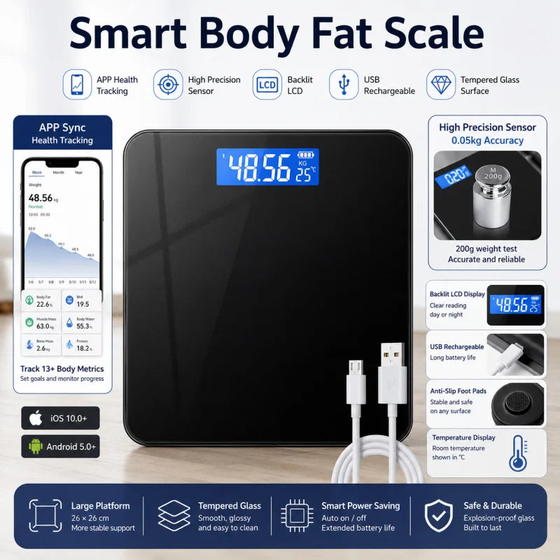 AuraSync Smart Scale: USB Rechargeable Bluetooth Body Composition Analyzer