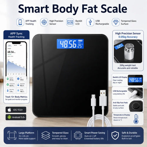 AuraSync Smart Scale: USB Rechargeable Bluetooth Body Composition Analyzer